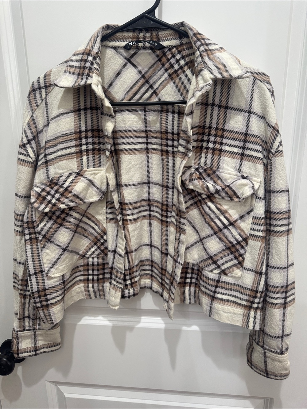 Zara Cream and Brown Plaid Cropped Shacket - Picture 1 of 3